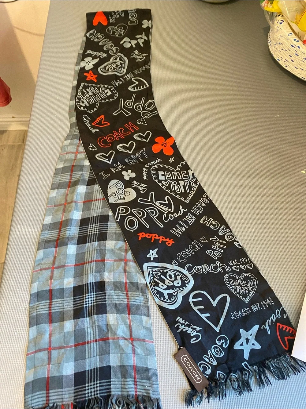 Coach Black Scarf with Red and White Poppy Graphics